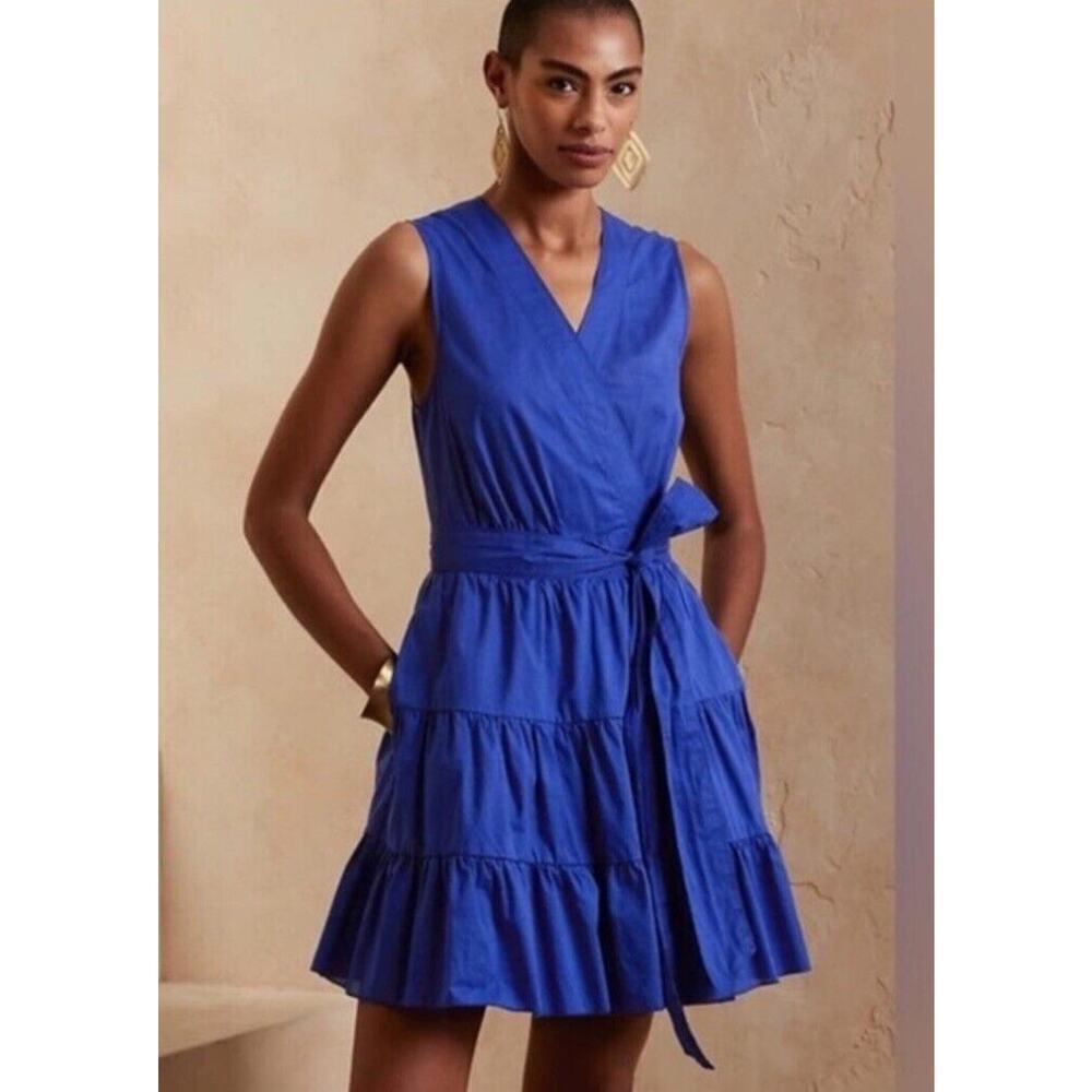 Banana Republic Stampa Ruffle Wrap Mini Dress S Voltage Blue V‎ Neck Sleeveless
